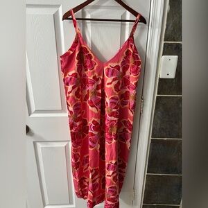 LOFT Coral Pink Floral Slip Dress with Red & Yellow Accents